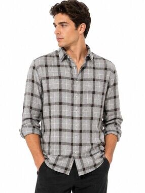 Massimo Dutti Men's Grey Brown Soft 100% Cotton PlaidButton Up Shirt - XL